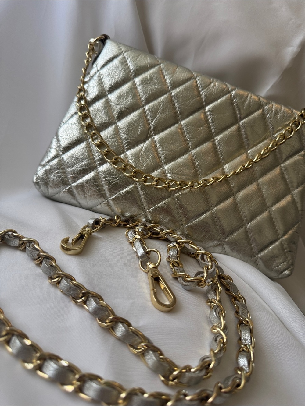 Real Leather Quilted Metallic Silver Chain Shoulder Bag